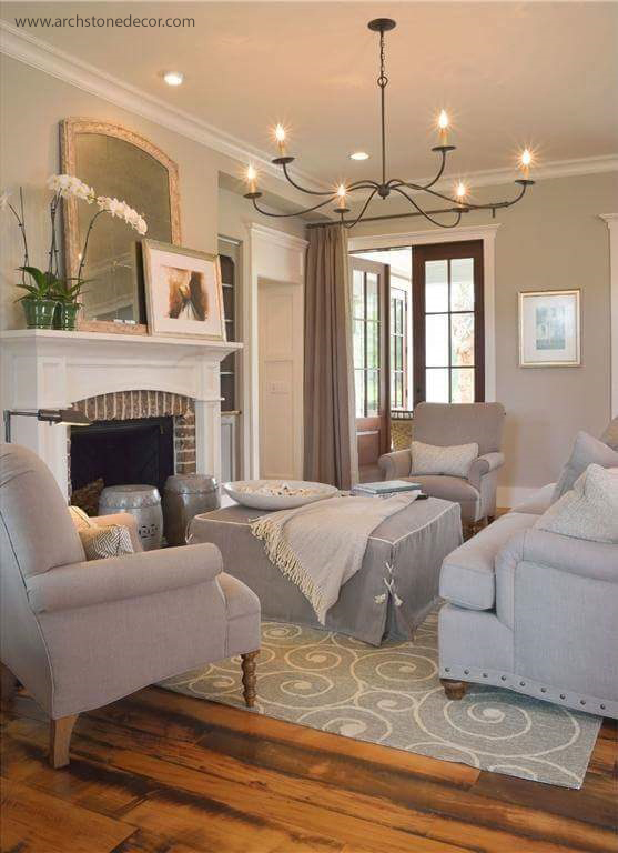 English Tudorian Style stone Fireplace mantel living room interior