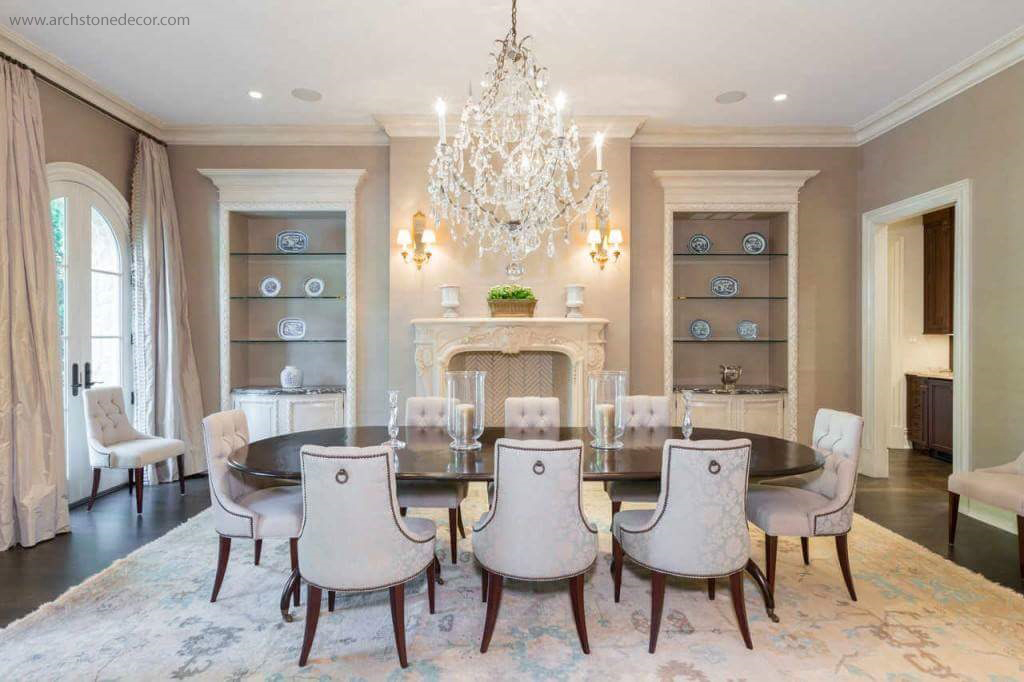 French decor interior design dining room villa home  white beige reclaimed limestone hand carved fireplace mantel brick fireback