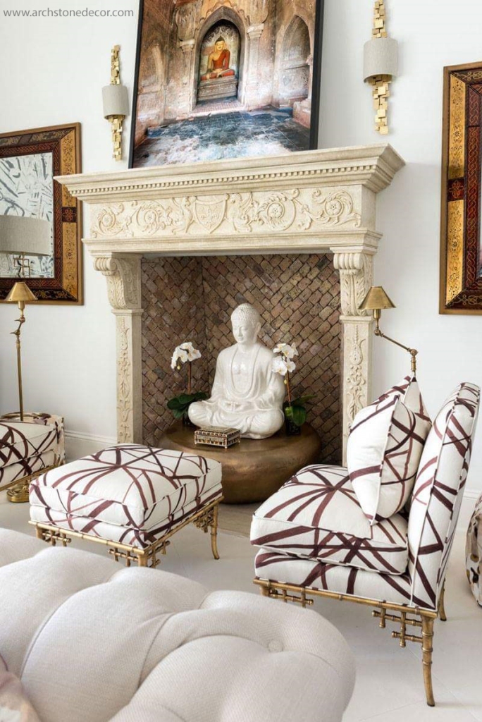 Italian Hand carved stone fireplace mantel Zen interior design home decor living room brick fireback carved corbels