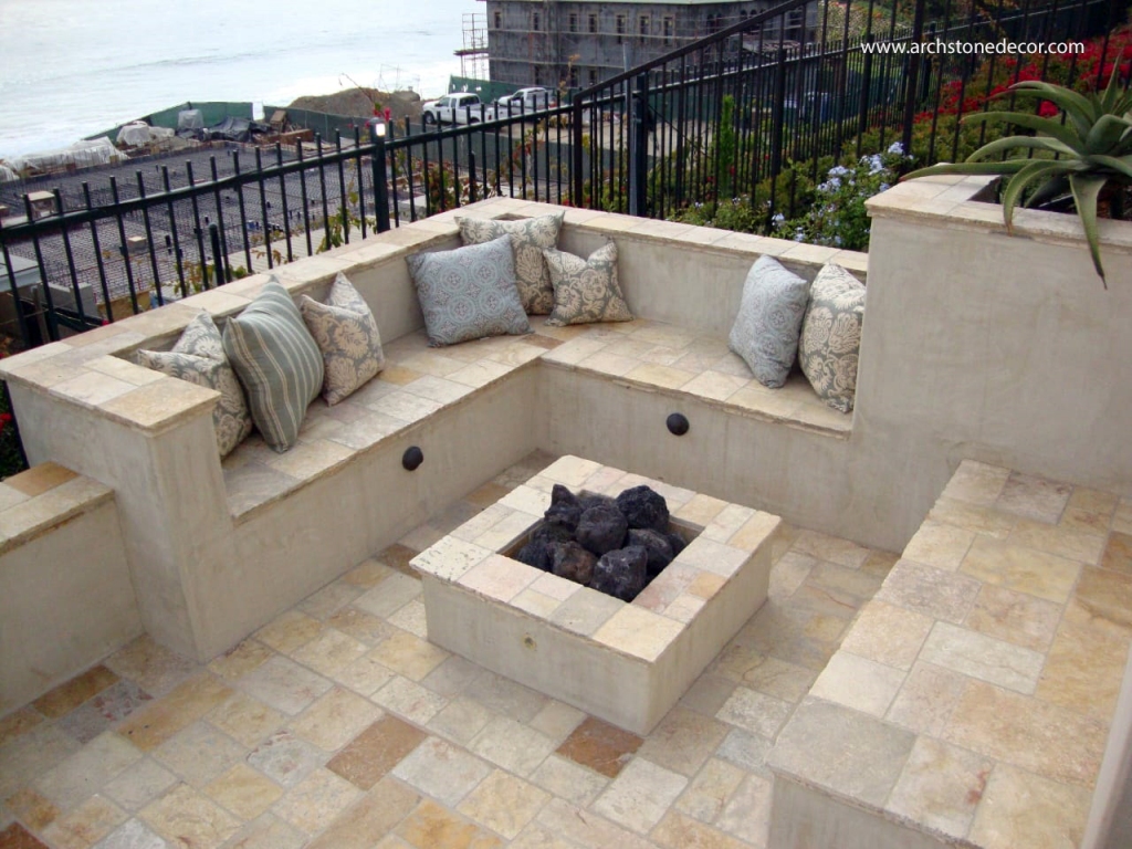 patio square barre gray natural stone tile built fire pit home interior design with stone flooring tiles and benches