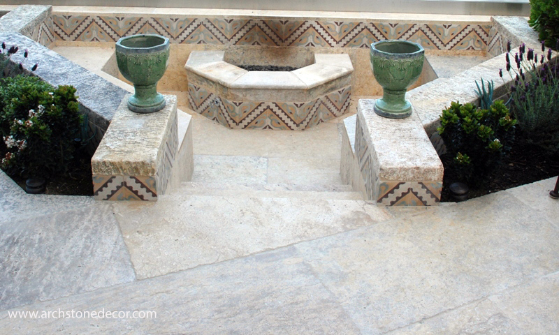 Moroccan style house patio butcher blocks green marble vases Barre Blonde floor tiles colorful cement tiles fire pit