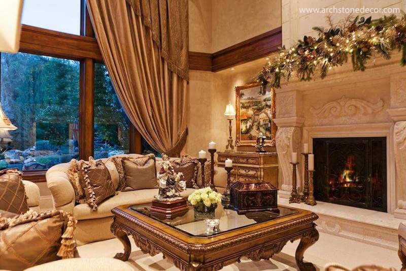 Tuscan Hand carved limestone fireplace mantel living room overhead mantel