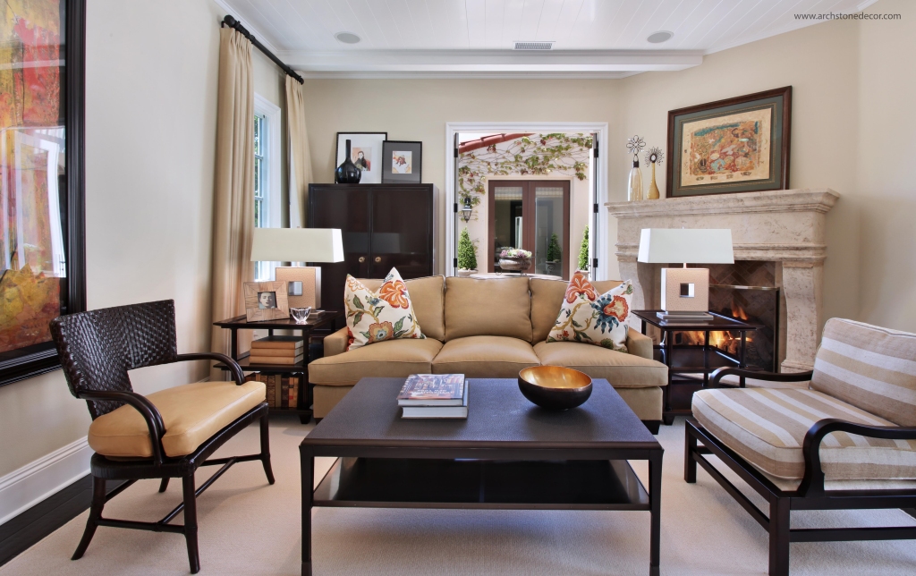 Tuscan limestone reclaimed fireplace mantel living room design