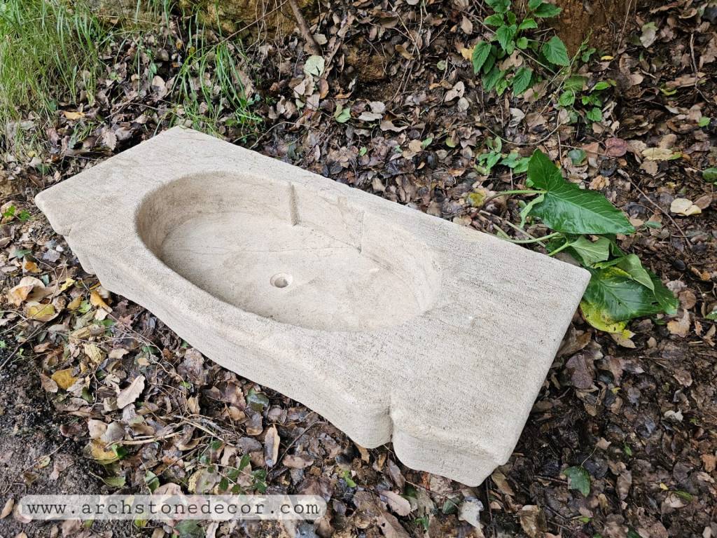 custom carved rectangular limestone console sink Mediterranean sink interior design bathroom ideas powder room decor