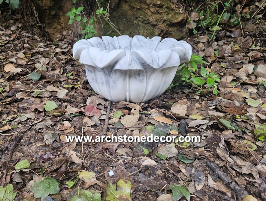 Custom carved Carrara marble sink bowl shaped as a flower for powder room, master bathroom or outdoor kitchen area  interior design decor ideas vessel sink