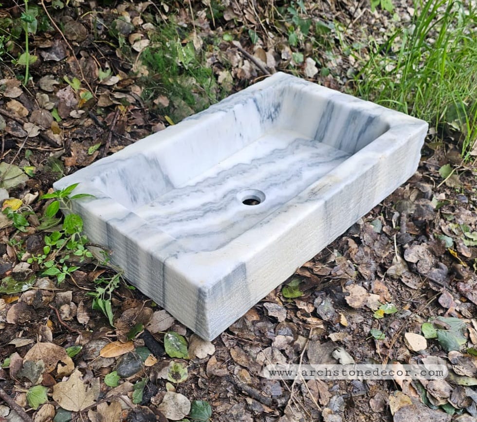 Rectangular hand carved Carrara marble sink powder room bathroom outdoor kitchen interior design decor ideas trough sink